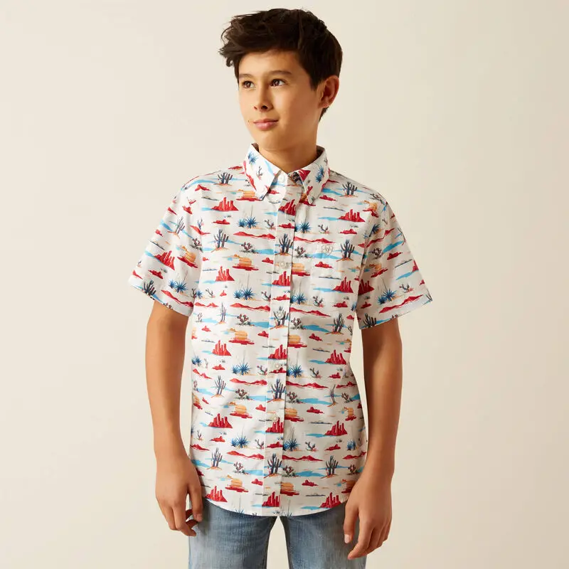 Boy's Ariat Scout Short Sleeve White Print Button Down Shirt 1