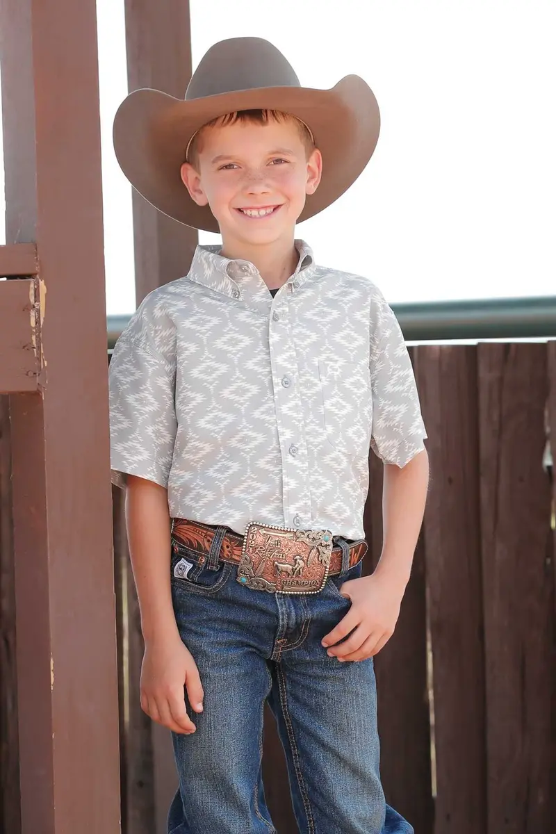 Boy's Cinch Arenaflex Grey Print Short Sleeve Button Down 1