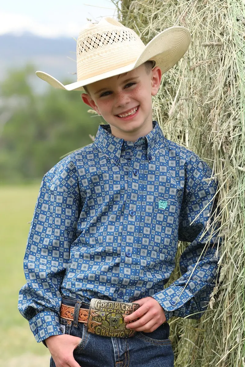 Boy's Cinch Royal Blue Multi Print Long Sleeve Button Down Shirt 1