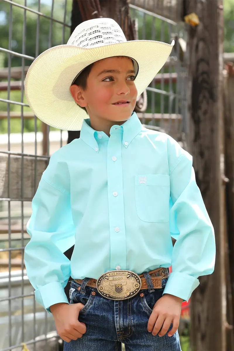 Boy's Cinch Solid Turquoise Long Sleeve Button Down Shirt 1