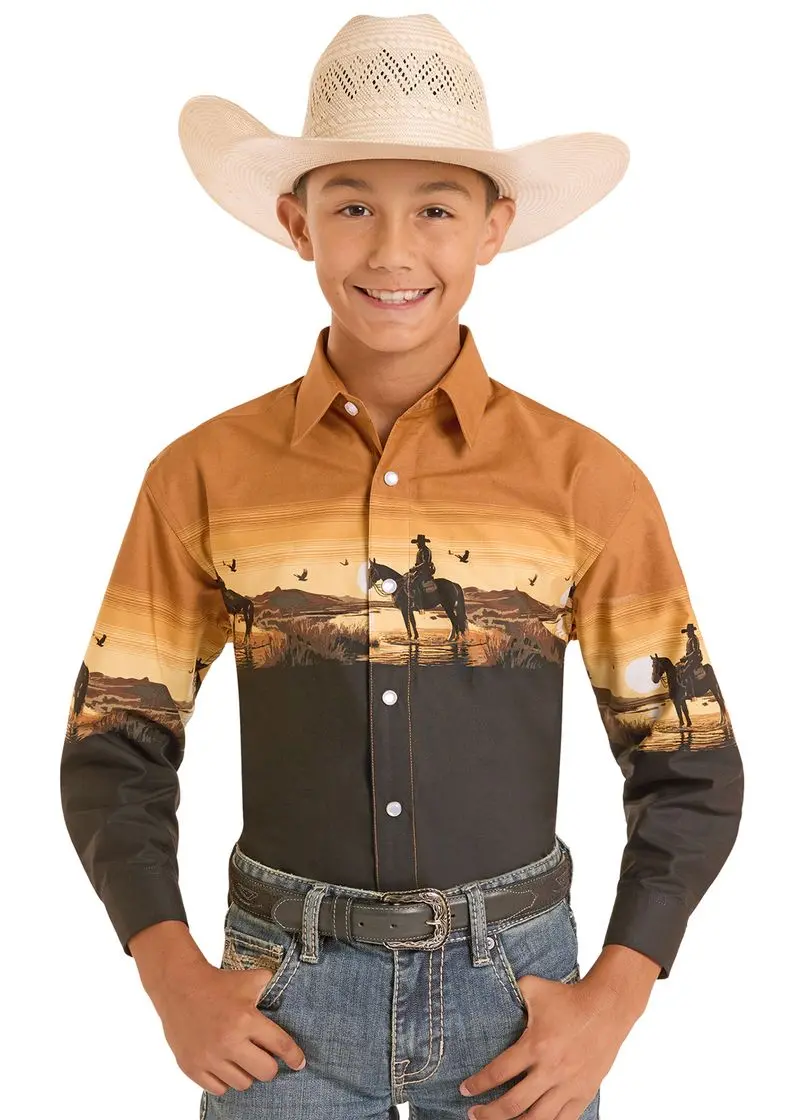 Boy's Panhandle Cowboy Border Print Long Sleeve Snap Shirt 1