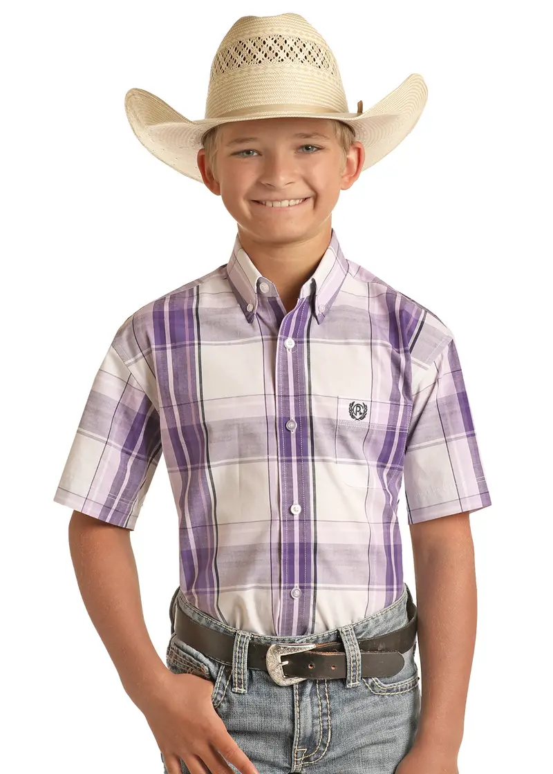 Boy's Panhandle Purple Plaid Short Sleeve Snap Shirt 1