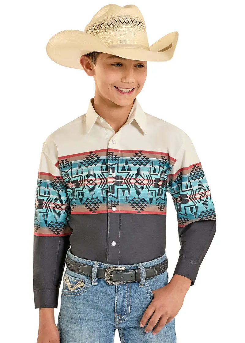 Boy's Panhandle Slim Aztec Border Print Long Sleeve Snap Shirt 1