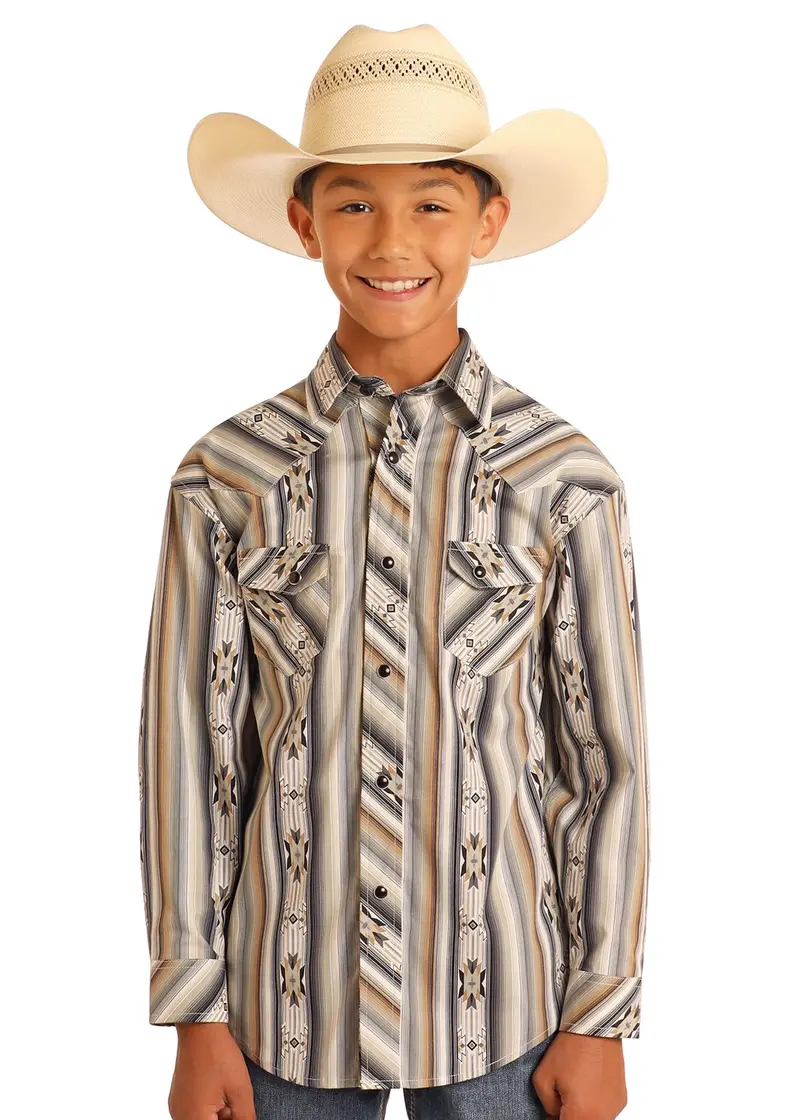 Boy's Rock & Roll Aztec Stripe Print Long Sleeve Snap Shirt 1