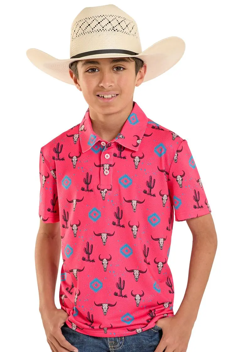Boy's Rock & Roll Hot Pink Skull Aztec Polo 1