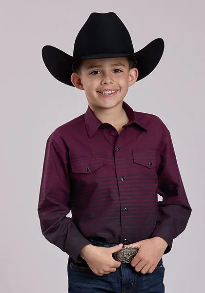 Boy's Roper Border Stripe Wine Long Sleeve Snap Shirt 1