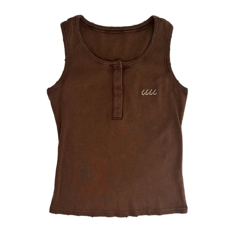 Distressed Ribbed Mineral Wash Tank Top- Brown 1