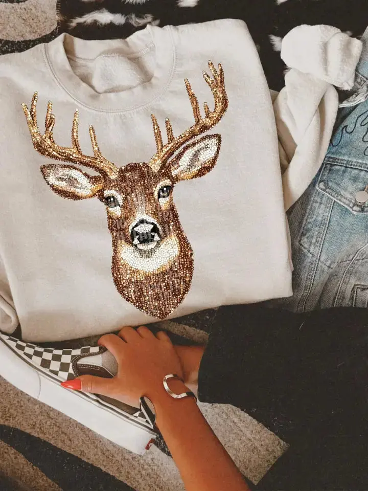 Faux Rhinestone Deer Sweatshirt 1