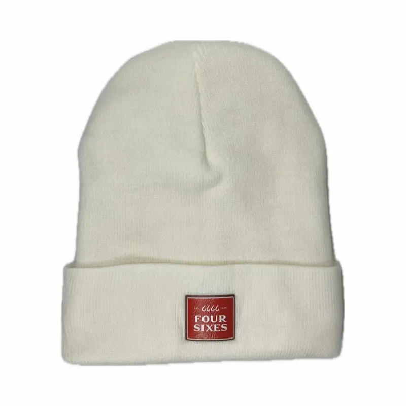 Fleece Lined Beanie - White W/ Red Patch 1