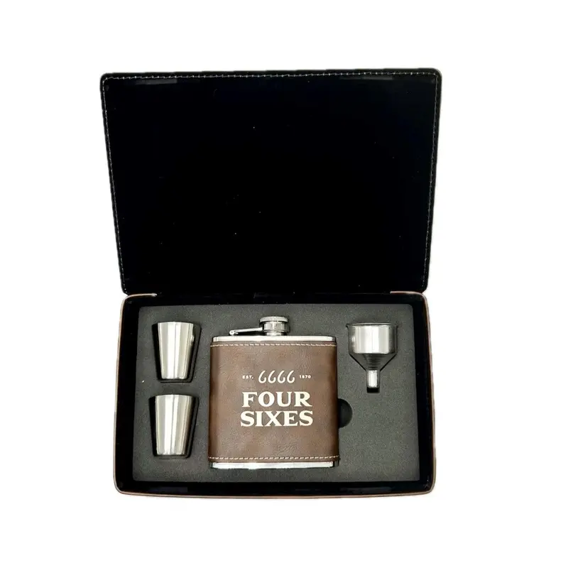 Four Sixes Leather Flask Set With Case 1