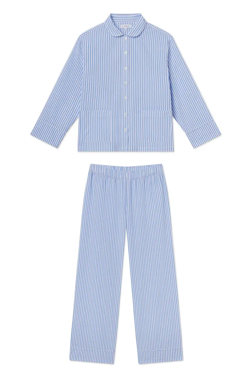Georgie Pocket Pants Set In Blue Seersucker 1
