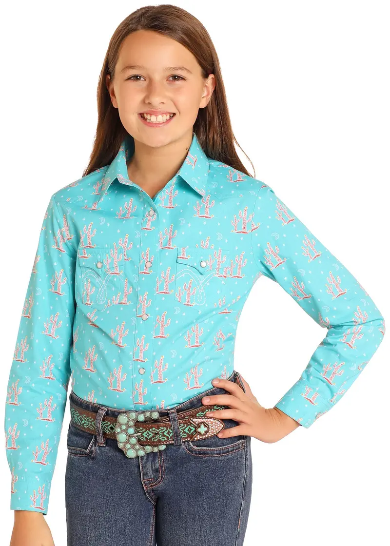 Girl's Panhandle Cactus Print Long Sleeve Snap Shirt 1