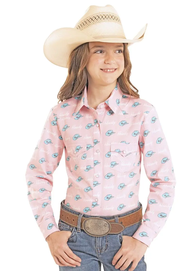 Girl's Panhandle Slim Howdy Hat Print Long Sleeve Snap Shirt 1