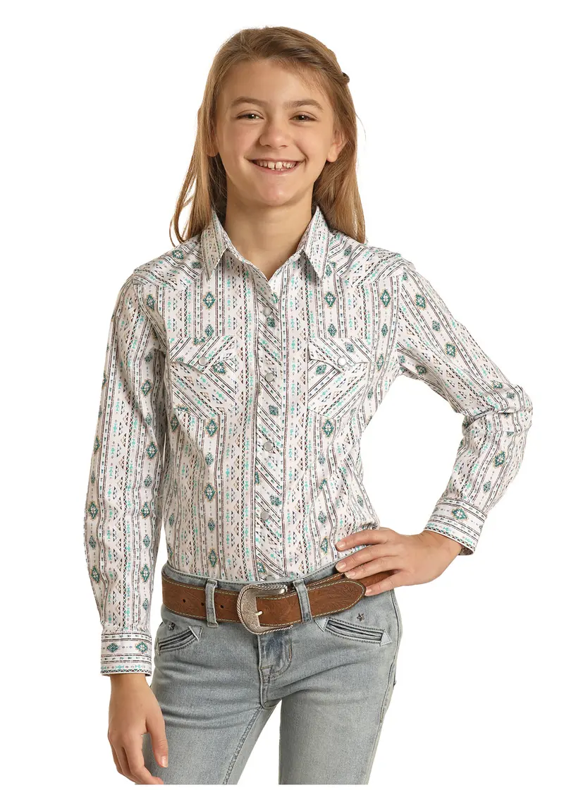 Girl's Panhandle Turquoise Aztec Print Snap Shirt 1
