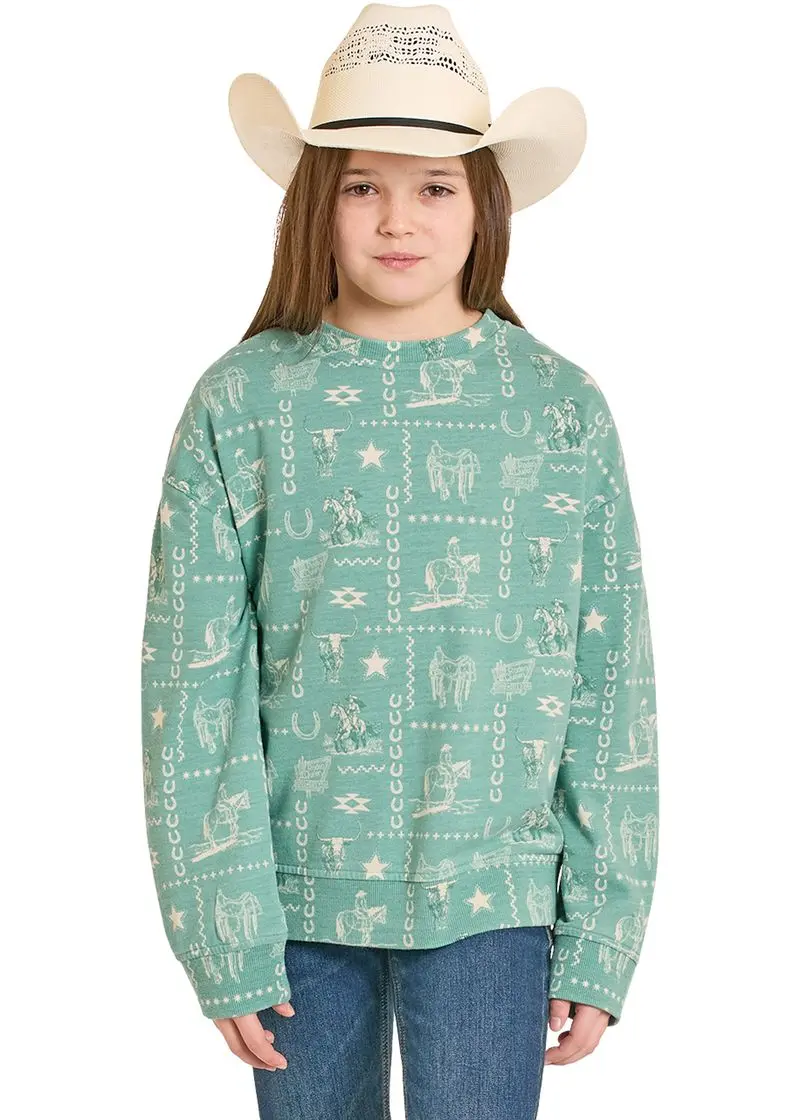 Girl's Rock & Roll Turquoise Western Print Pullover 1