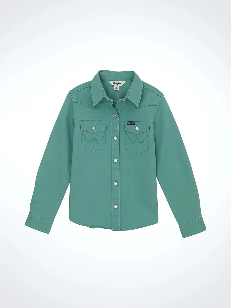 Girl's Wrangler Solid Teal Long Sleeve Snap Shirt 1