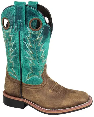 Kid's Smoky Mountain Jesse Distressed Brown/Turquoise Square Toe Boot 1