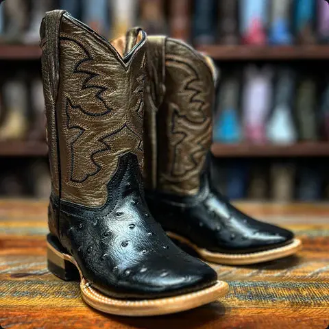 Kid's Tanner Mark Kayden Black Ostrich Print Boot 1