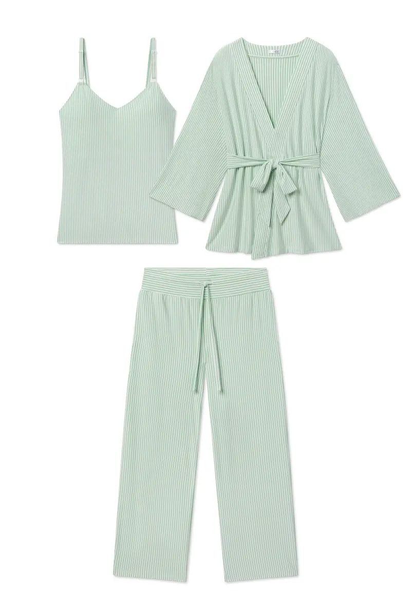 Maternity Dreammodal™ Kimono Three-Piece Set In Parisian Green Pencil Stripe 1