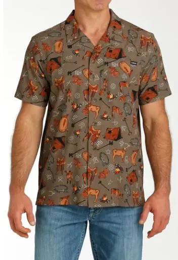 Men's Cinch Camp Shirt Campfire Steer Print 1