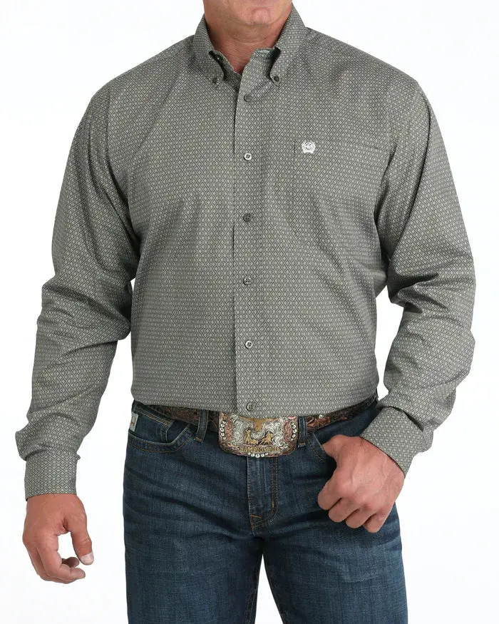 Men's Cinch Olive Diamond Print Long Sleeve Button Down Shirt 1