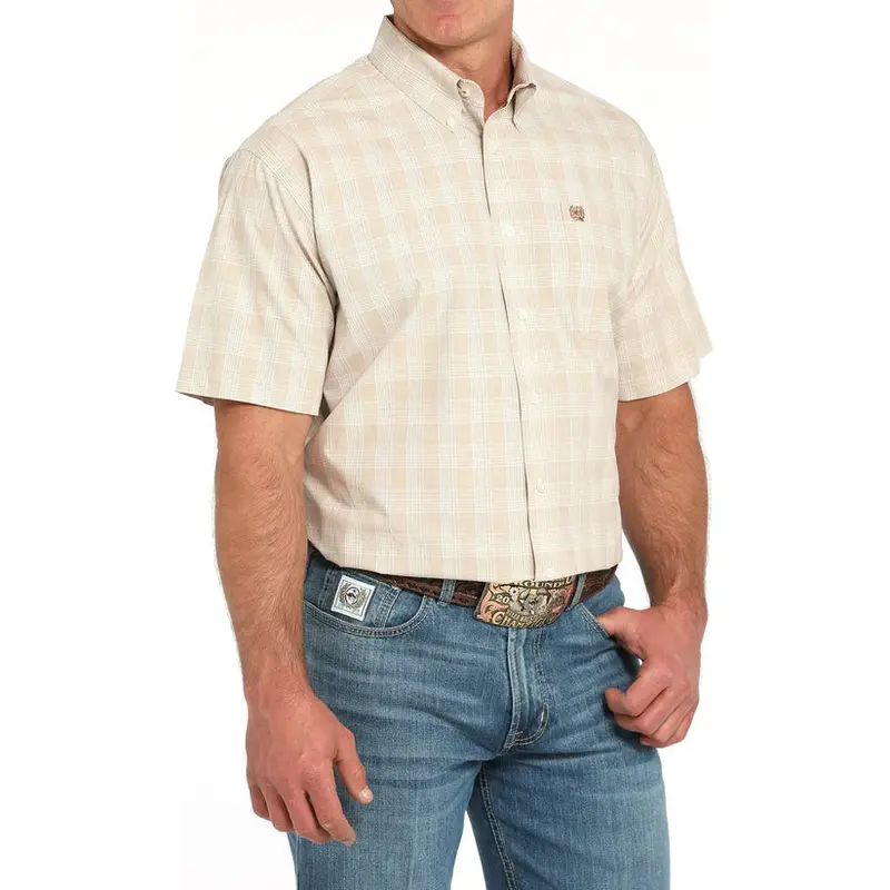 Men's Cinch Short Sleeve Plaid Khaki Button Down Shirt 1