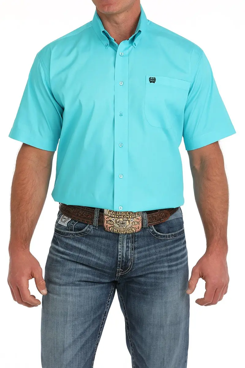 Men's Cinch Solid Turquoise Short Sleeve Button Down Shirt 1