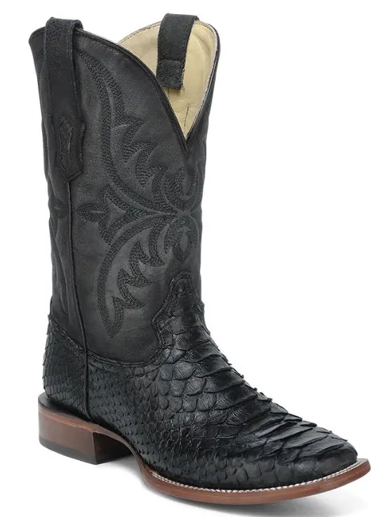 Men's Corral Black Python Embroidery Wide Square Toe Boot 1