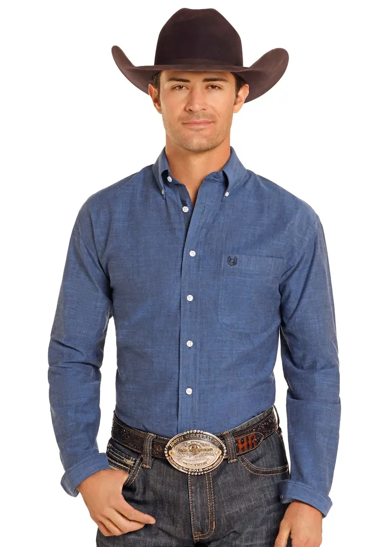 Men's Panhandle Rough Stock Solid Navy Button Down Shirt 1