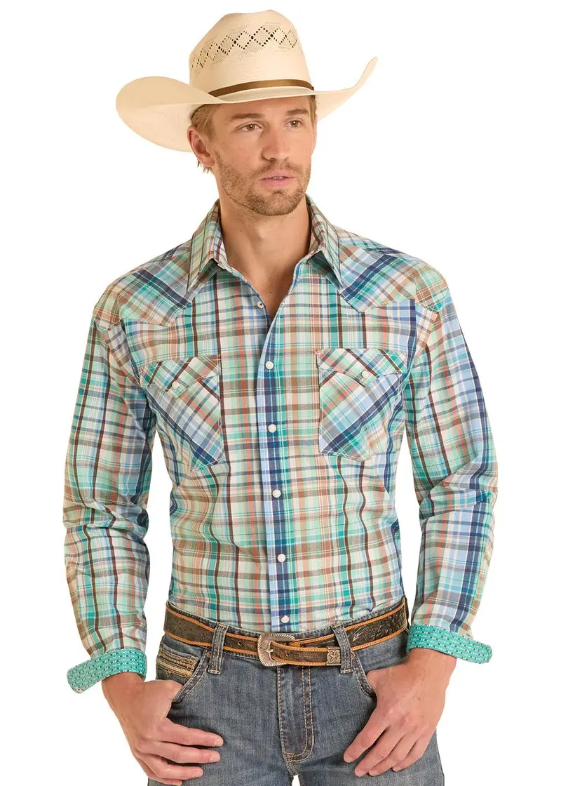Men's Panhandle Slim Turquoise Plaid Long Sleeve Snap Shirt 1
