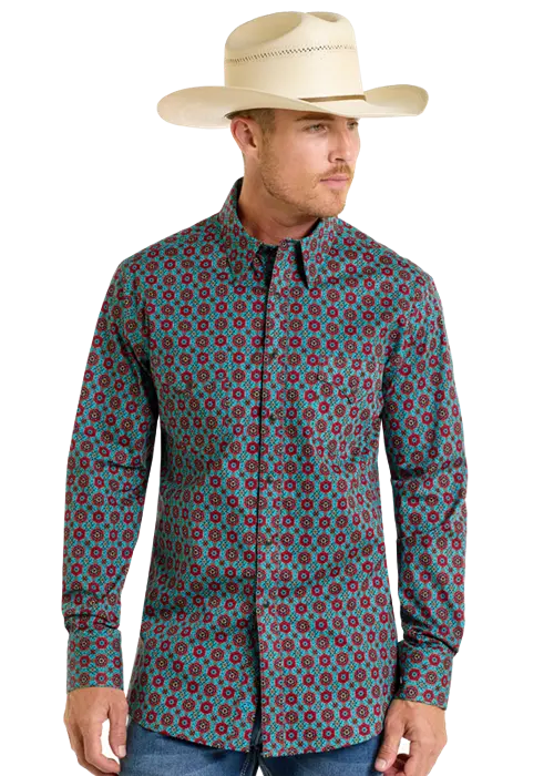 Men's Rock & Roll Medallion Print Long Sleeve Snap Shirt 1