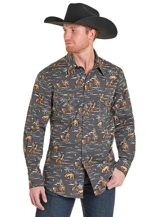 Men's Rock & Roll Novelty Print Long Sleeve Snap Shirt 1