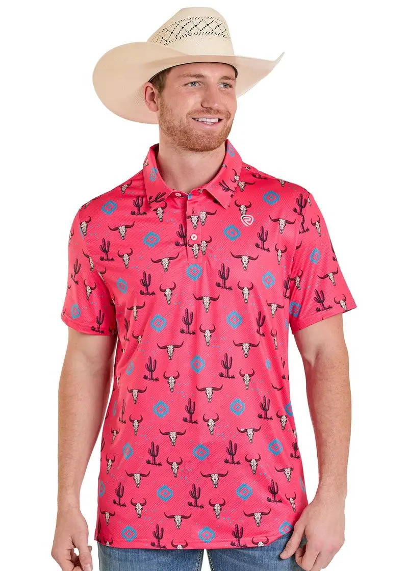 Men's Rock & Roll Pink Skull Aztec Mesh Polo 1