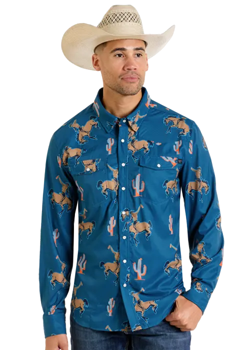Men's Rock & Roll Tek Bronco Print Long Sleeve Snap Shirt 1