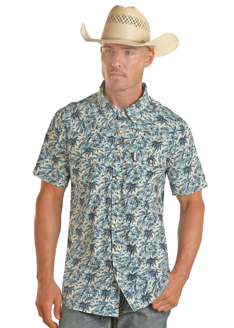 Men's Rock & Roll Tek Short Sleeve Tropical Print Snap Shirt 1