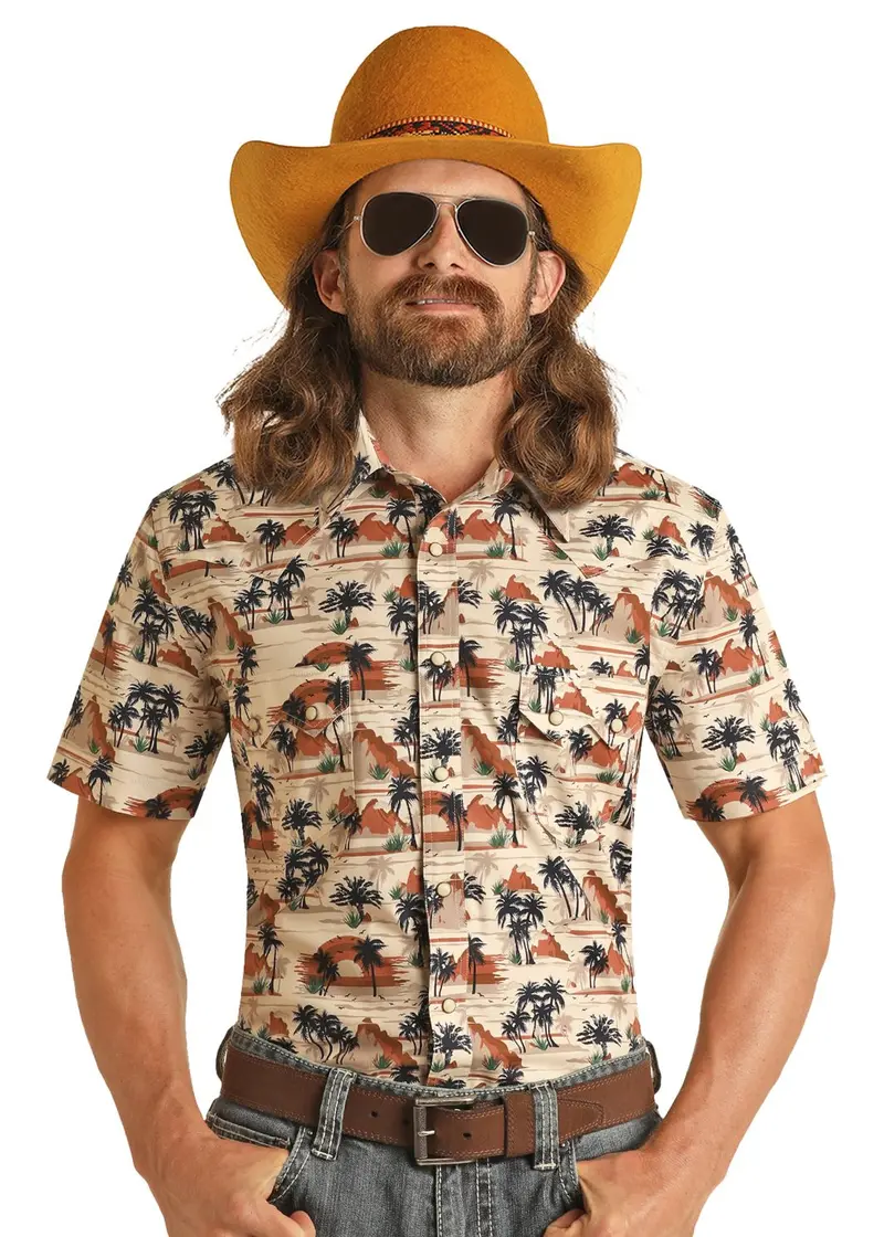 Men's Rock & Roll Vacation Print Short Sleeve Snap Shirt 1