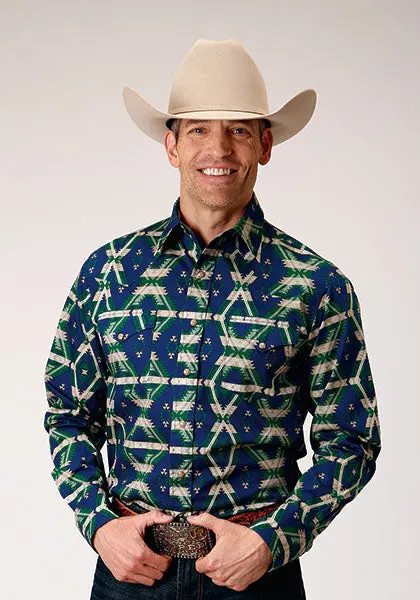 Men's Roper Vintage Navy Aztec Long Sleeve Snap Shirt 1
