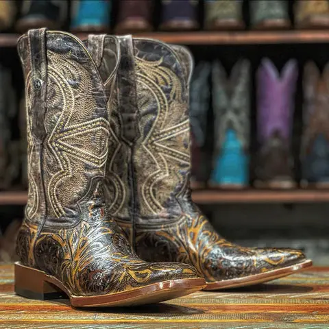 Men's Tanner Mark Hand Tooled Brown Square Toe Boot 1