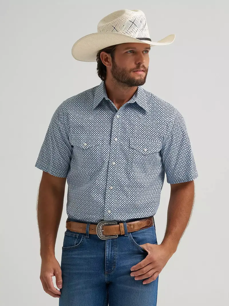 Men's Wrangler 20X Blue Print Short Sleeve Snap Shirt 1