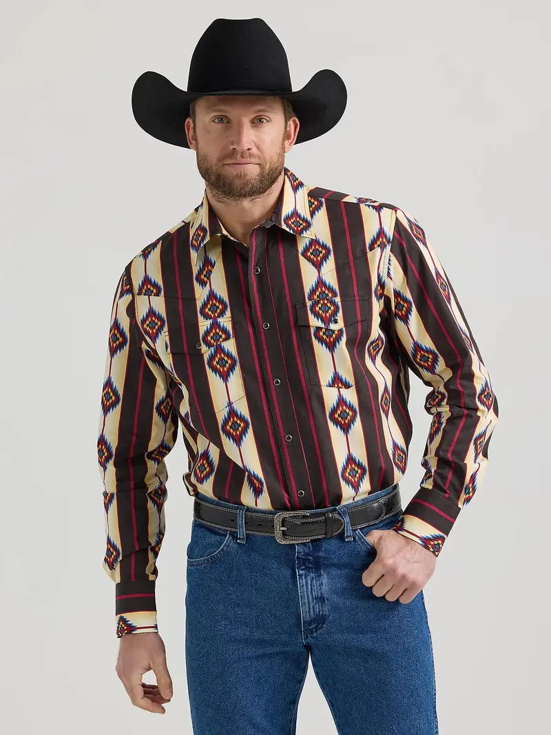Men's Wrangler Checotah Aztec Stripe Long Sleeve Snap Shirt 1
