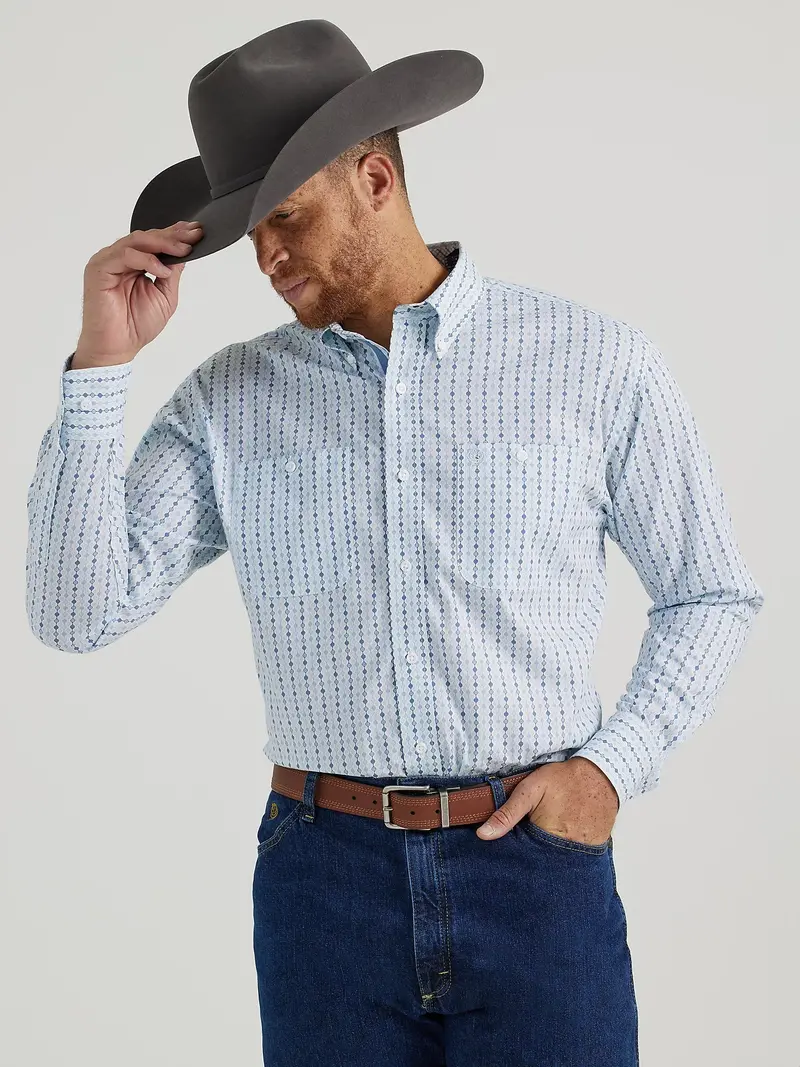 Men's Wrangler George Strait Blue Globe Print Button Down Shirt 1
