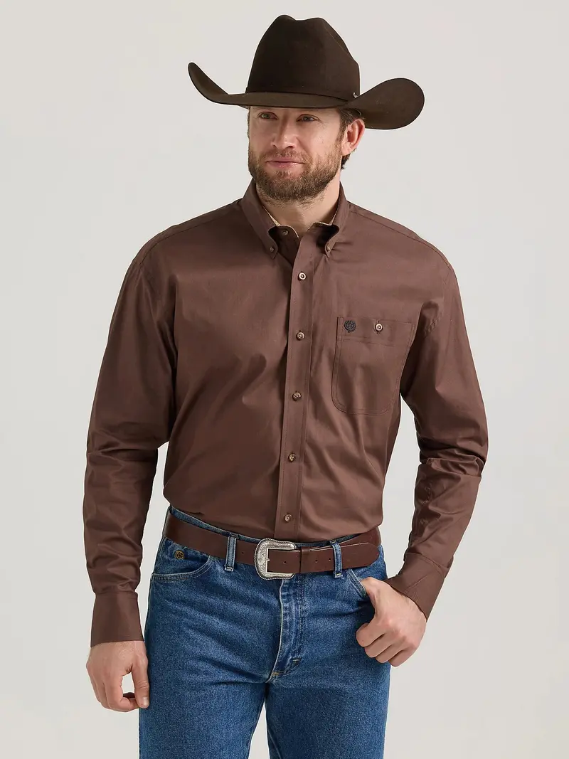 Men's Wrangler George Strait Solid Brown Long Sleeve Button Down Shirt 1