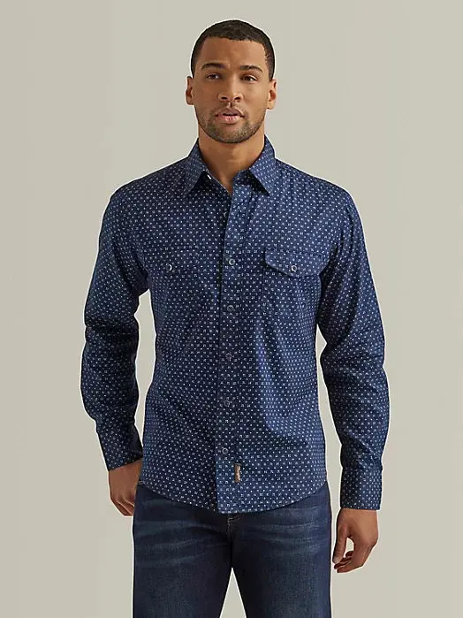 Men's Wrangler Retro Navy Print Long Sleeve Button Down Shirt 1