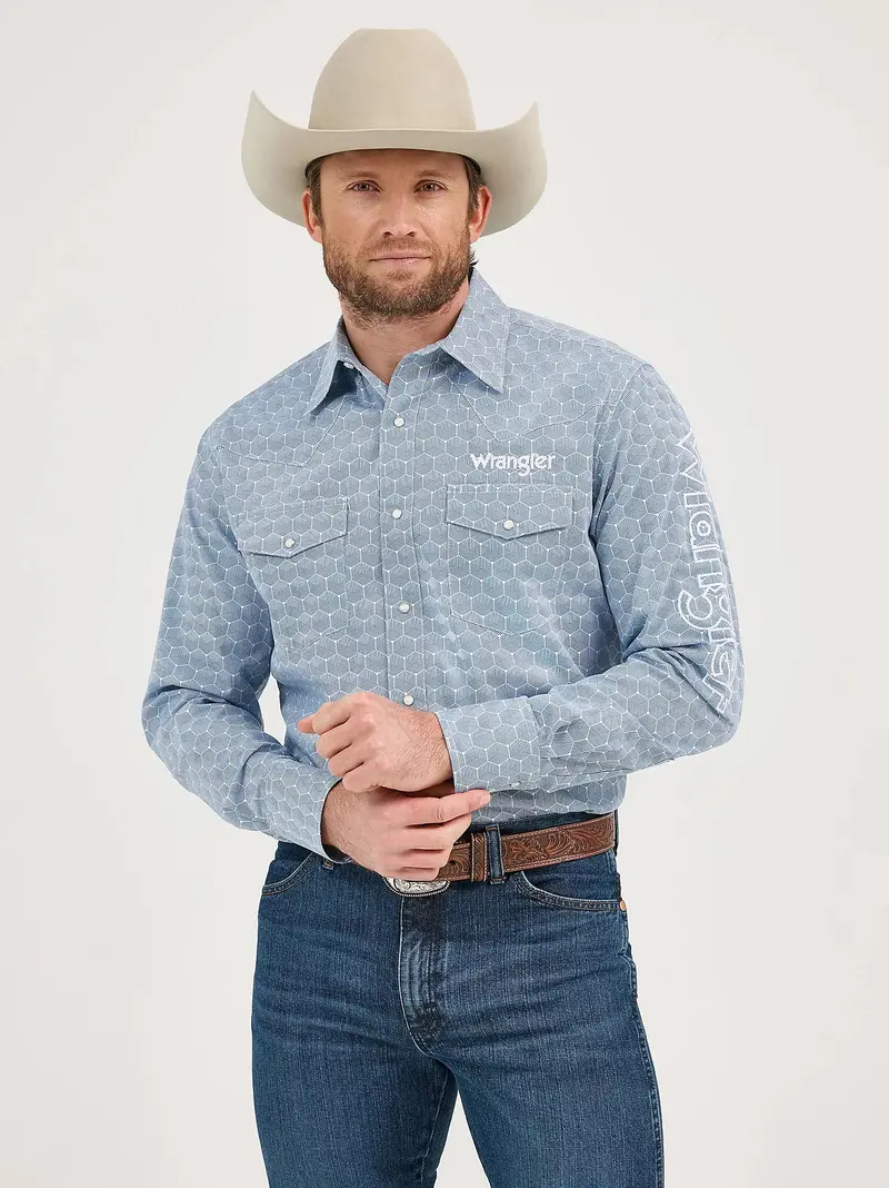 Men's Wrangler Steel Blue Logo Snap Shirt 1