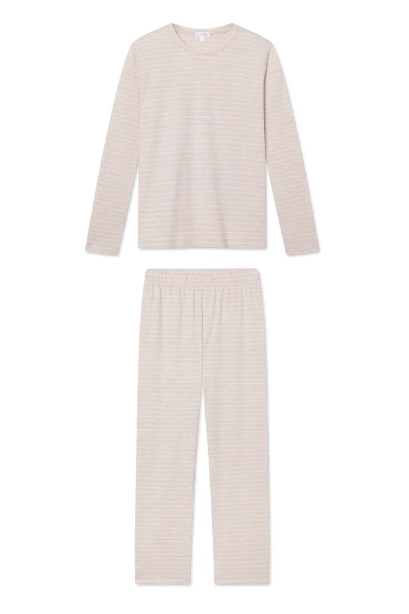 Pima Crew Long-Long Set In Oat Heather Rowing Stripe 1