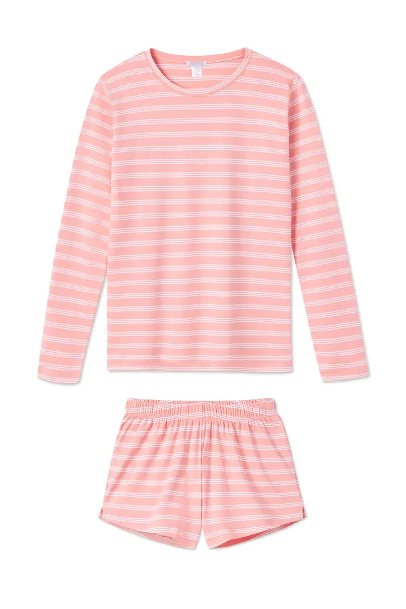 Pima Crew Long-Short Set In Coral Stripe 1