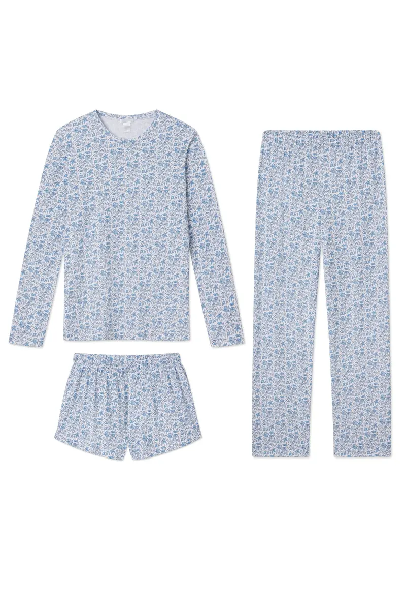 Pima Crew Long Sleeve Bundle In Delft Blue Garden Floral 1
