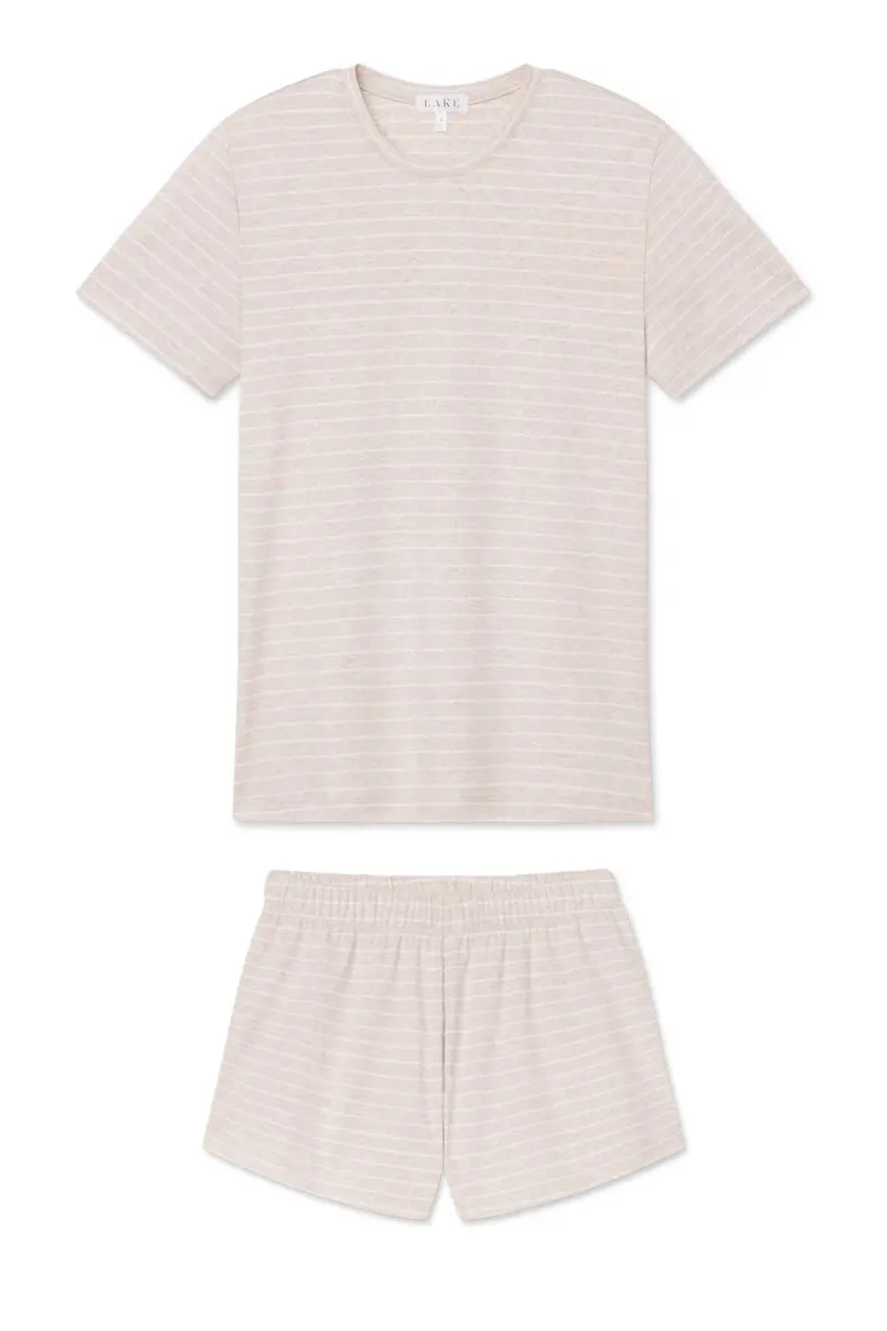 Pima Crew Shorts Set In Oat Heather Rowing Stripe 1