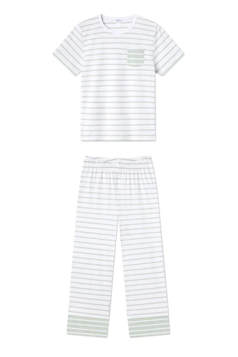 Pima Crew Wide Leg Pajama Set In Aloe Stripe 1