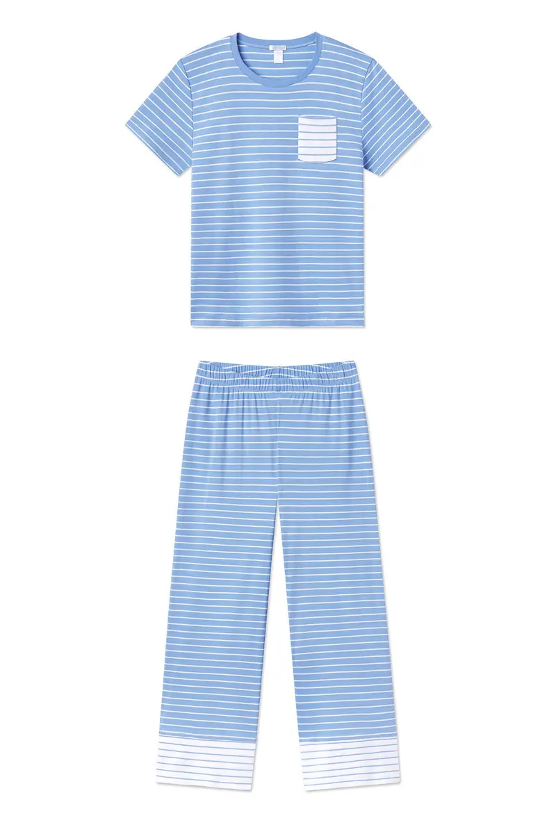 Pima Crew Wide Leg Pajama Set In Mixed Baltic Blue Stripe 1